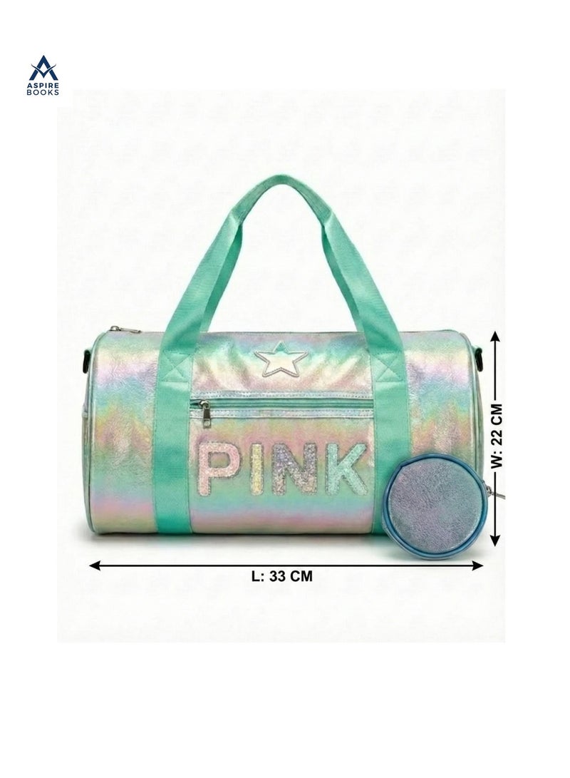 Aspire Books Kids Holographic Duffle Bag with Coin Pouch – Travel Weekender & Dance Bag for Girls Perfect for Shopping, Outings, and Sleepovers (Mint Green/Rainbow) – Glitter Lettering, Star Patch, and Adjustable Strap - Image 4